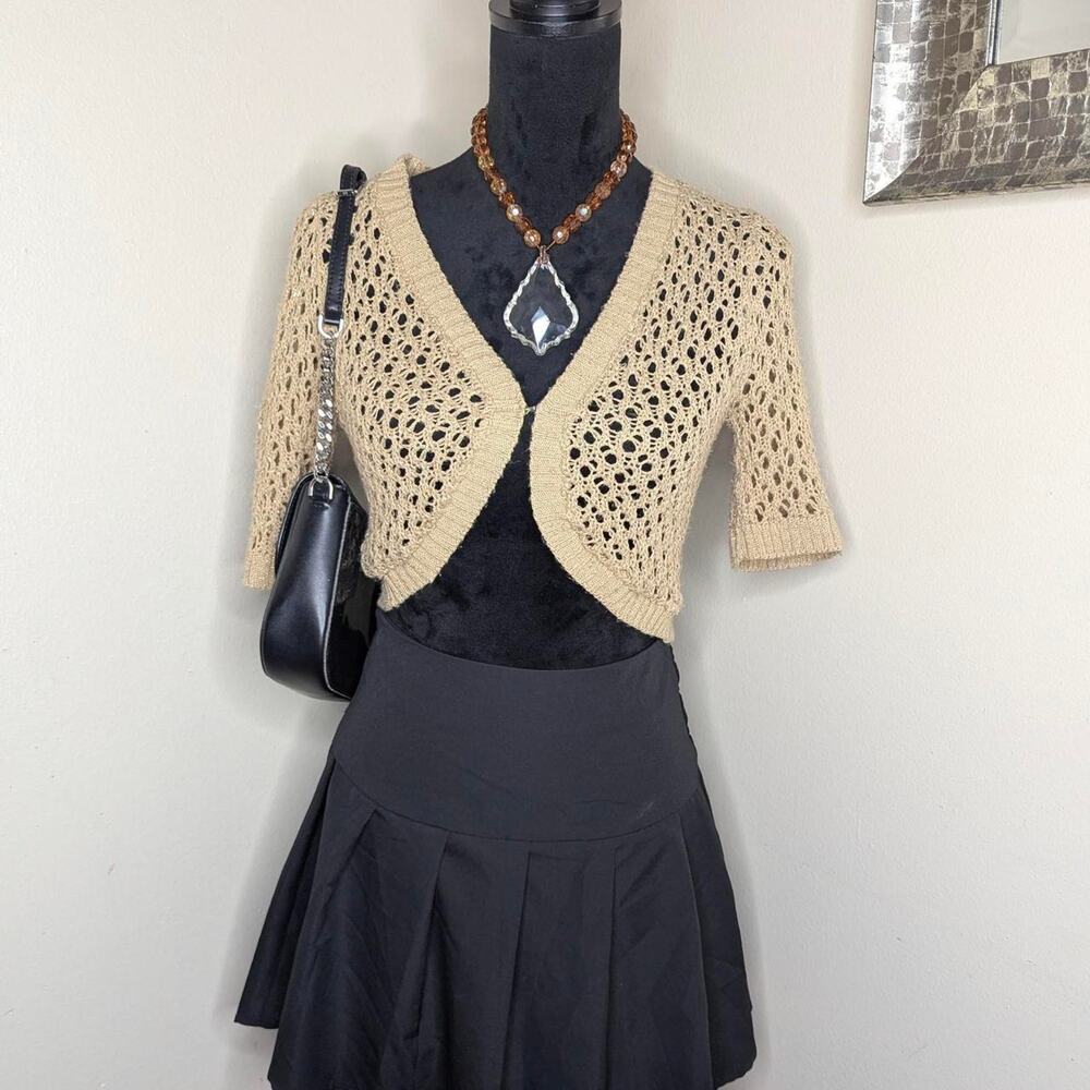 Tan open knit cropped cardigan small